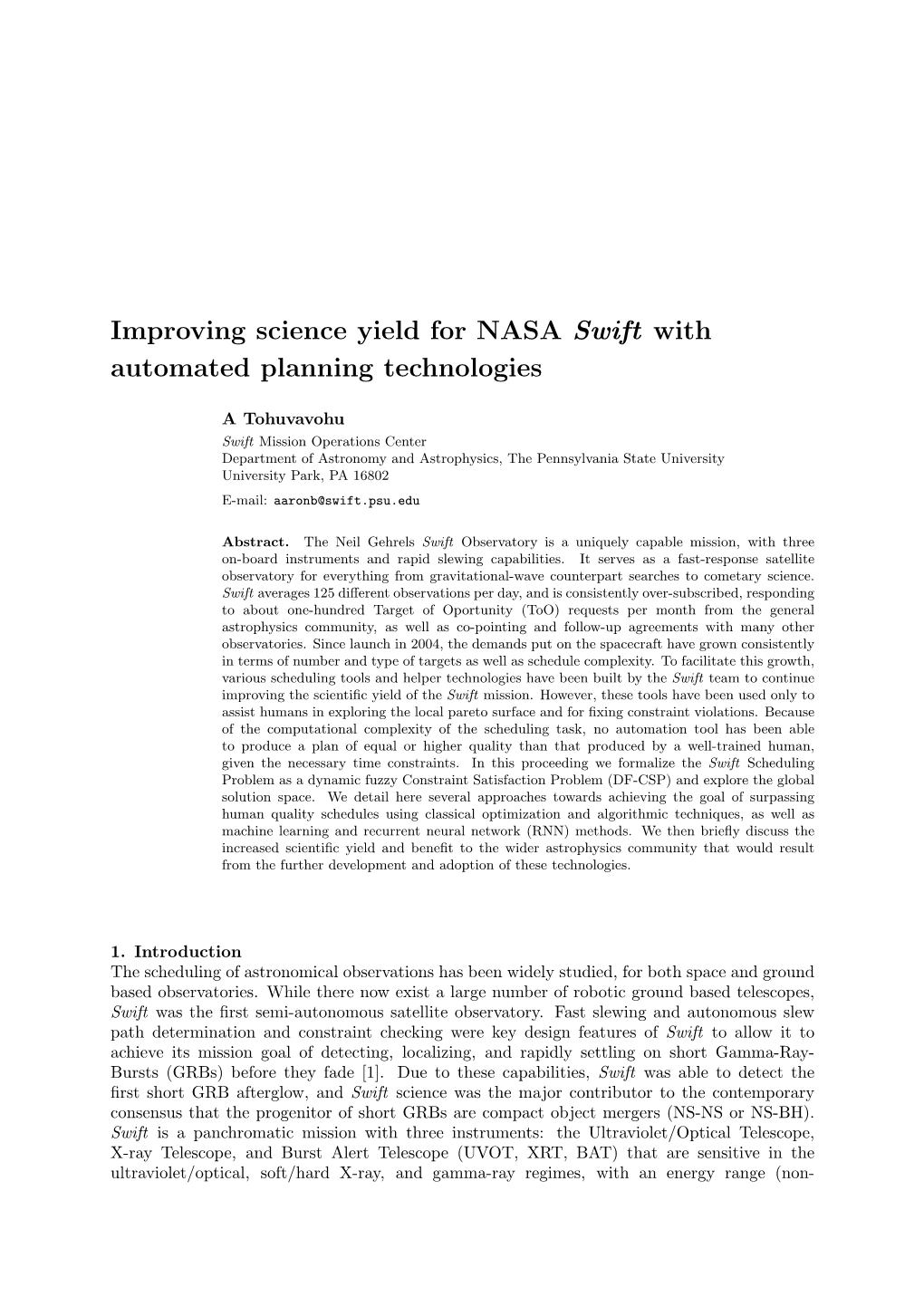 Improving Science Yield for NASA Swift with Automated Planning Technologies