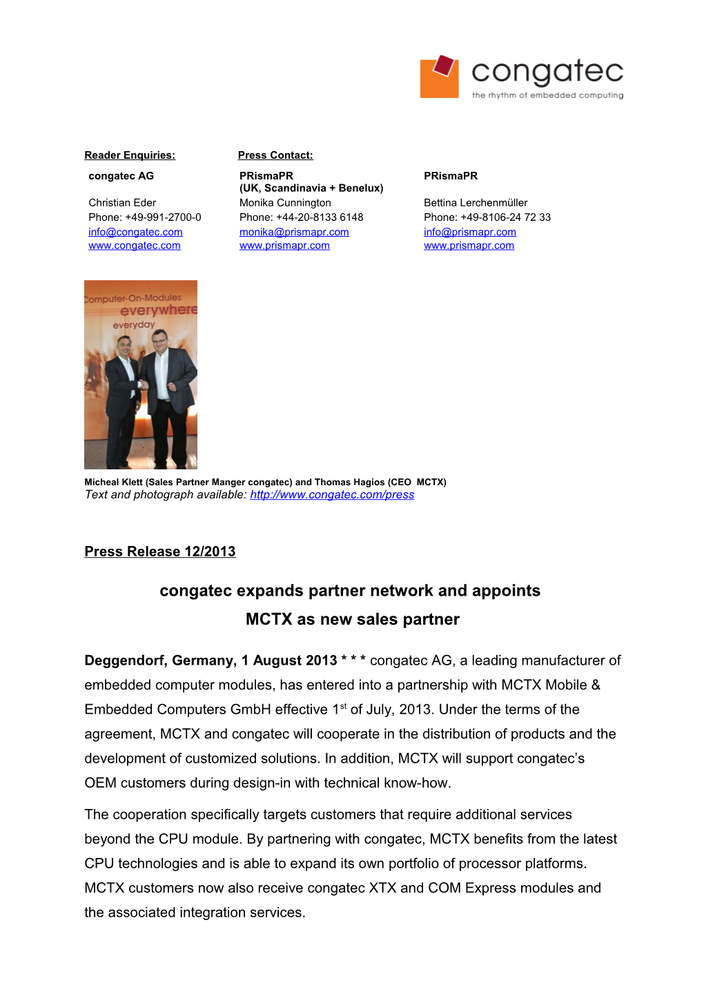 Congatec Expands Partner Network and Appoints MCTX As New Sales Partner