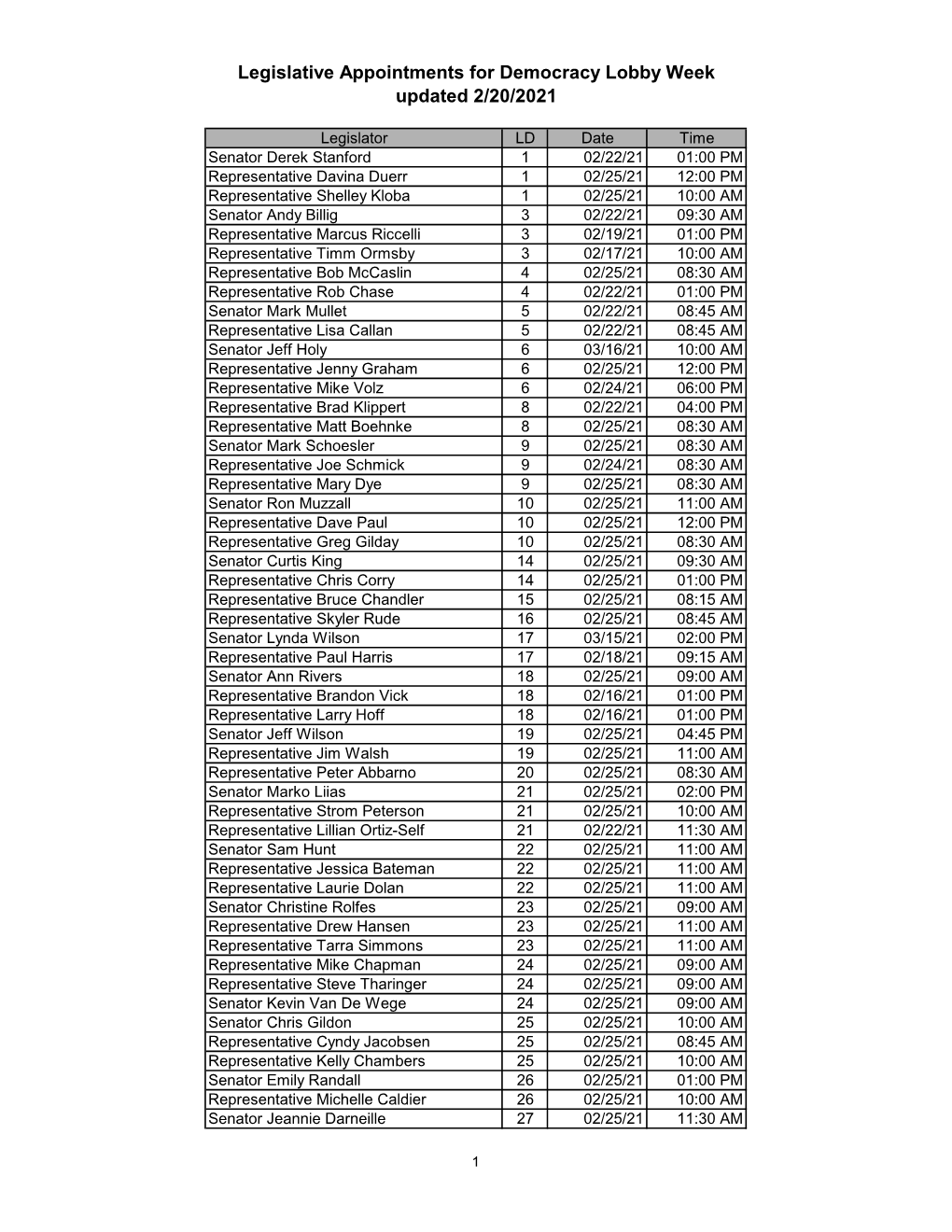 Legislative Appointments for Democracy Lobby Week Updated 2/20/2021