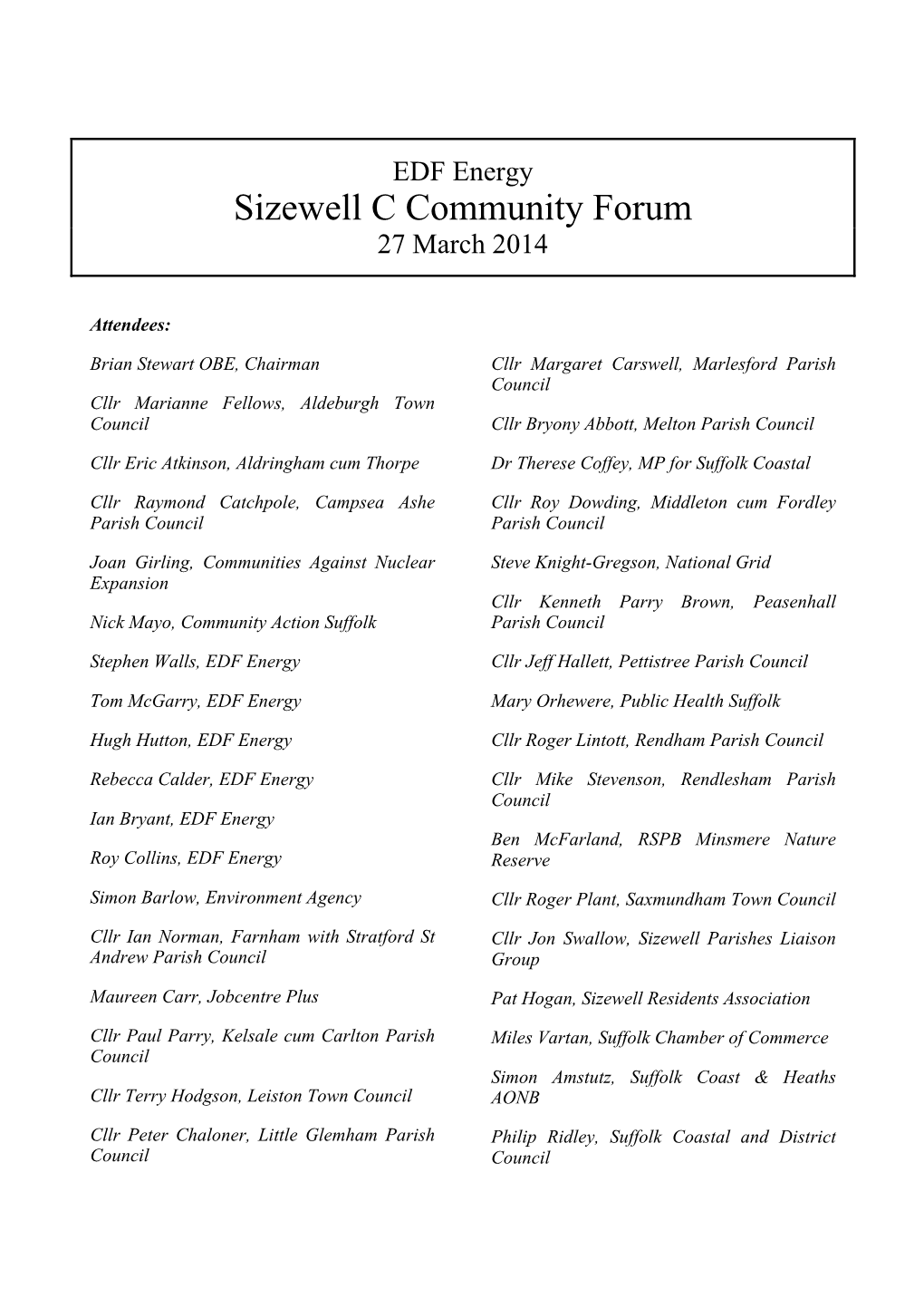 Sizewell C Community Forum 27 March 2014