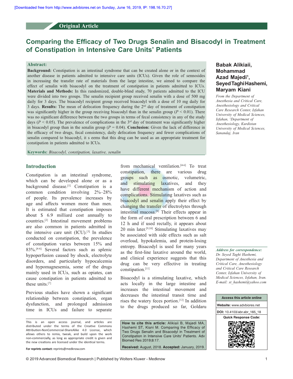 Comparing the Efficacy of Two Drugs Senalin and Bisacodyl in Treatment of Constipation in Intensive Care Units’ Patients