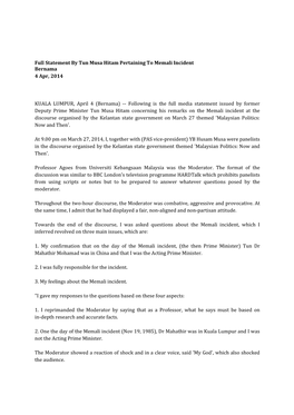 Full Statement by Tun Musa Hitam Pertaining to Memali Incident Bernama 4 Apr, 2014