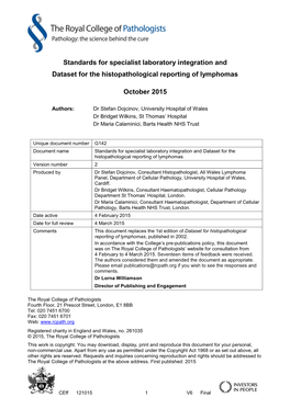 Dataset for the Histopathological Reporting of Lymphomas