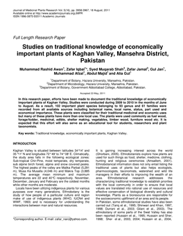 Studies on Traditional Knowledge of Economically Important Plants of Kaghan Valley, Mansehra District, Pakistan