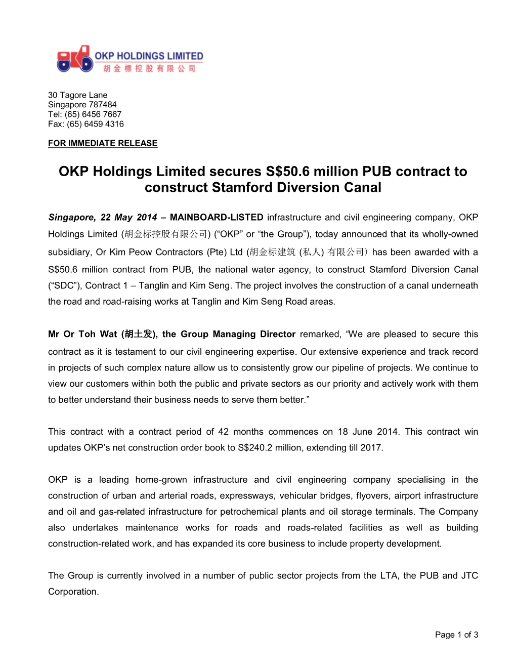 OKP Holdings Limited Secures S$50.6 Million PUB Contract to Construct Stamford Diversion Canal
