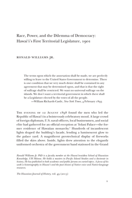 Race, Power, and the Dilemma of Democracy: Hawai'i's First Territorial Legislature, 1901