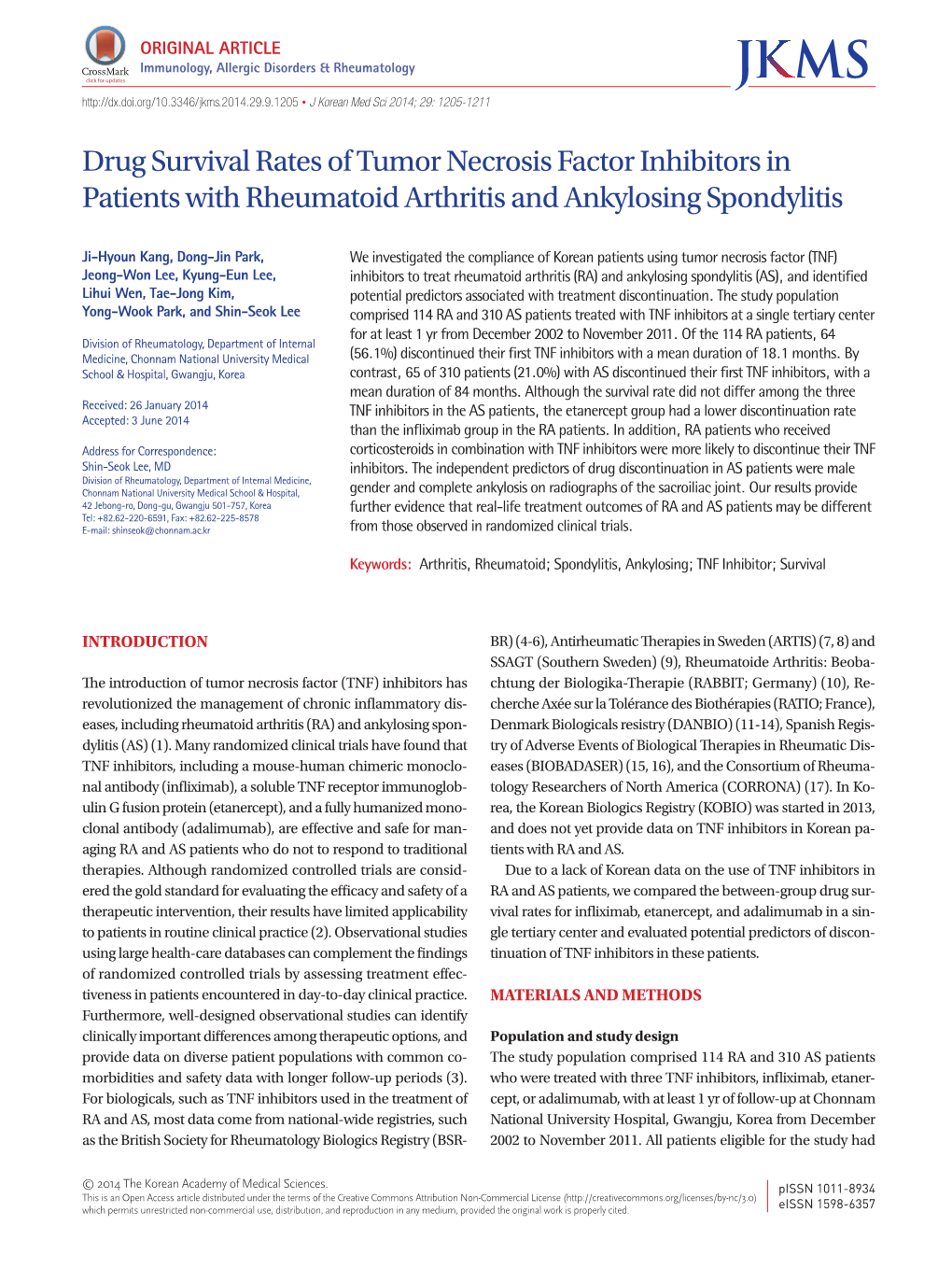 Drug Survival Rates of Tumor Necrosis Factor Inhibitors in Patients with Rheumatoid Arthritis and Ankylosing Spondylitis