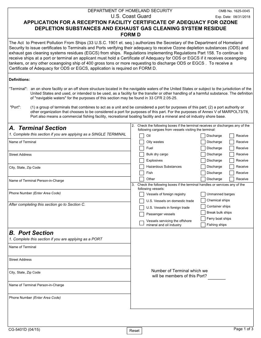 Application for a Reception Facility Certificate of Adequacy for Ozone