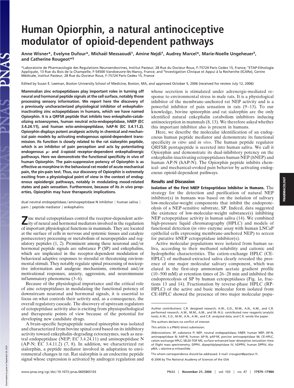 Human Opiorphin, a Natural Antinociceptive Modulator of Opioid-Dependent Pathways