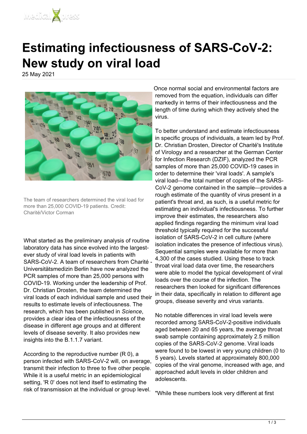 Estimating Infectiousness of SARS-Cov-2: New Study on Viral Load 25 May 2021