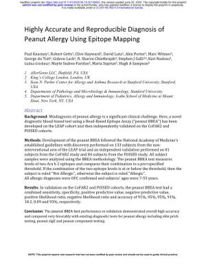 Highly Accurate and Reproducible Diagnosis of Peanut Allergy Using Epitope Mapping