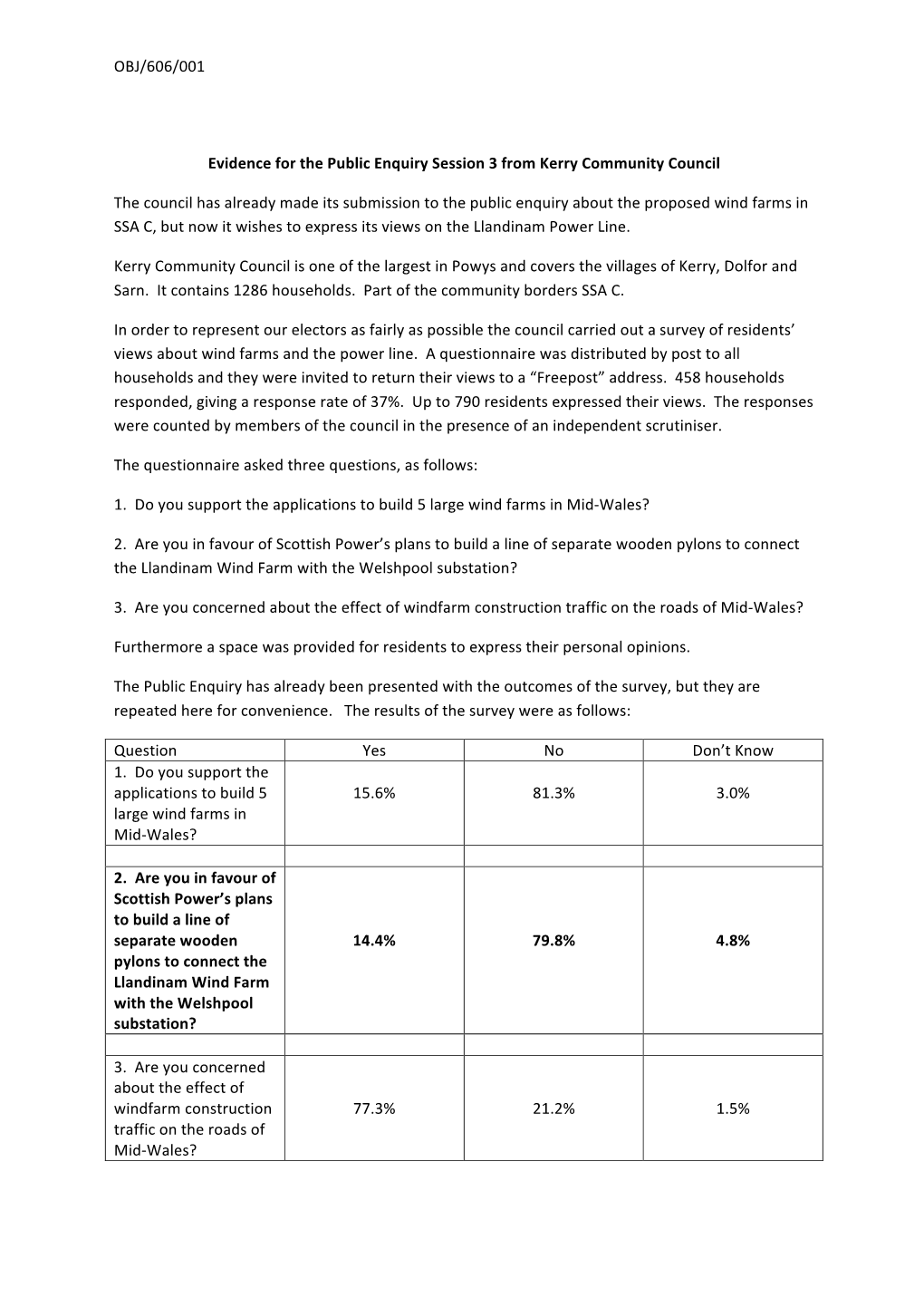 OBJ/606/001 Evidence for the Public Enquiry Session 3 from Kerry