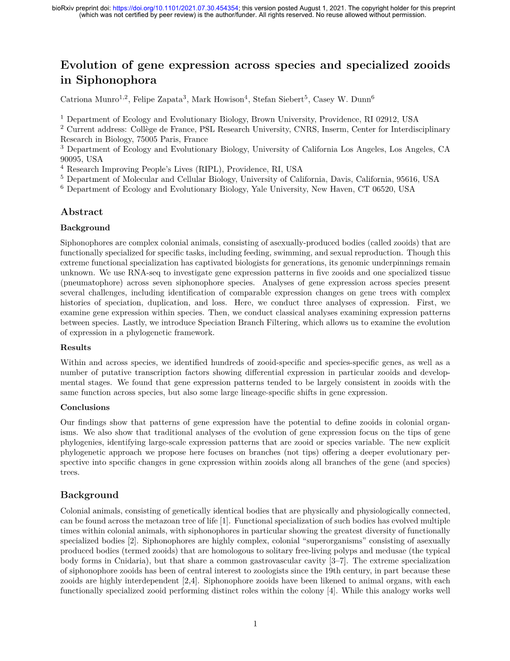 Evolution of Gene Expression Across Species and Specialized Zooids in Siphonophora