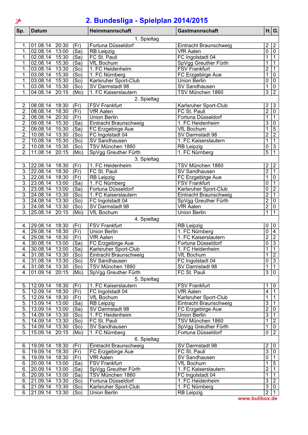 Spielplan 2014/2015: 2. Bundesliga