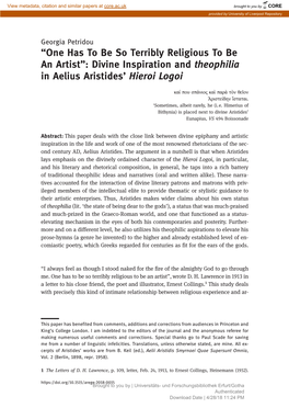 Divine Inspiration and Theophilia in Aelius Aristides' Hieroi Logoi