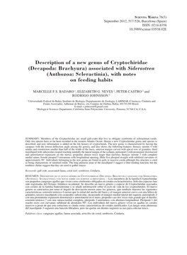 Description of a New Genus of Cryptochiridae (Decapoda: Brachyura) Associated with Siderastrea (Anthozoa: Scleractinia), with Notes on Feeding Habits