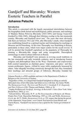 Gurdjieff and Blavatsky: Western Esoteric Teachers in Parallel Johanna Petsche