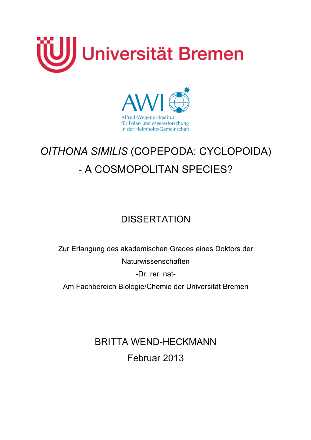 Oithona Similis (Copepoda: Cyclopoida) - a Cosmopolitan Species?