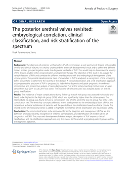The Posterior Urethral Valves Revisited: Embryological Correlation, Clinical Classification, and Risk Stratification of the Spectrum Vivek Parameswara Sarma