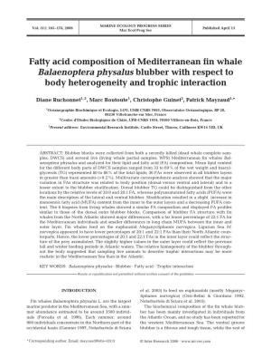 Fatty Acid Composition of Mediterranean Fin Whale Balaenoptera Physalus Blubber with Respect to Body Heterogeneity and Trophic Interaction