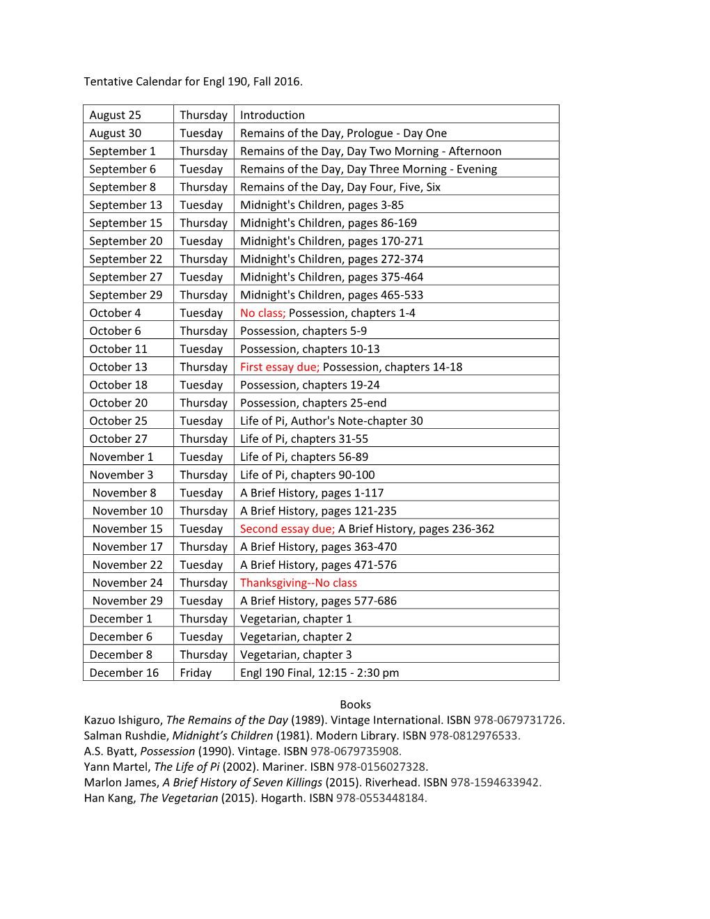 Tentative Calendar for Engl 190, Fall 2016. August 25 Thursday