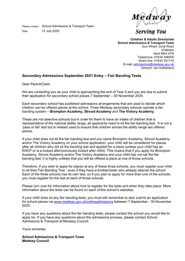 Secondary Admissions September 2021 Entry – Fair Banding Tests