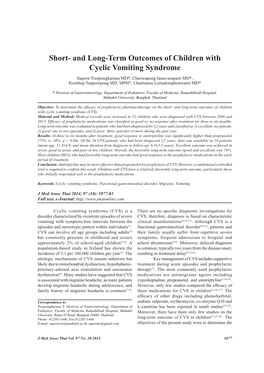 And Long-Term Outcomes of Children with Cyclic Vomiting Syndrome