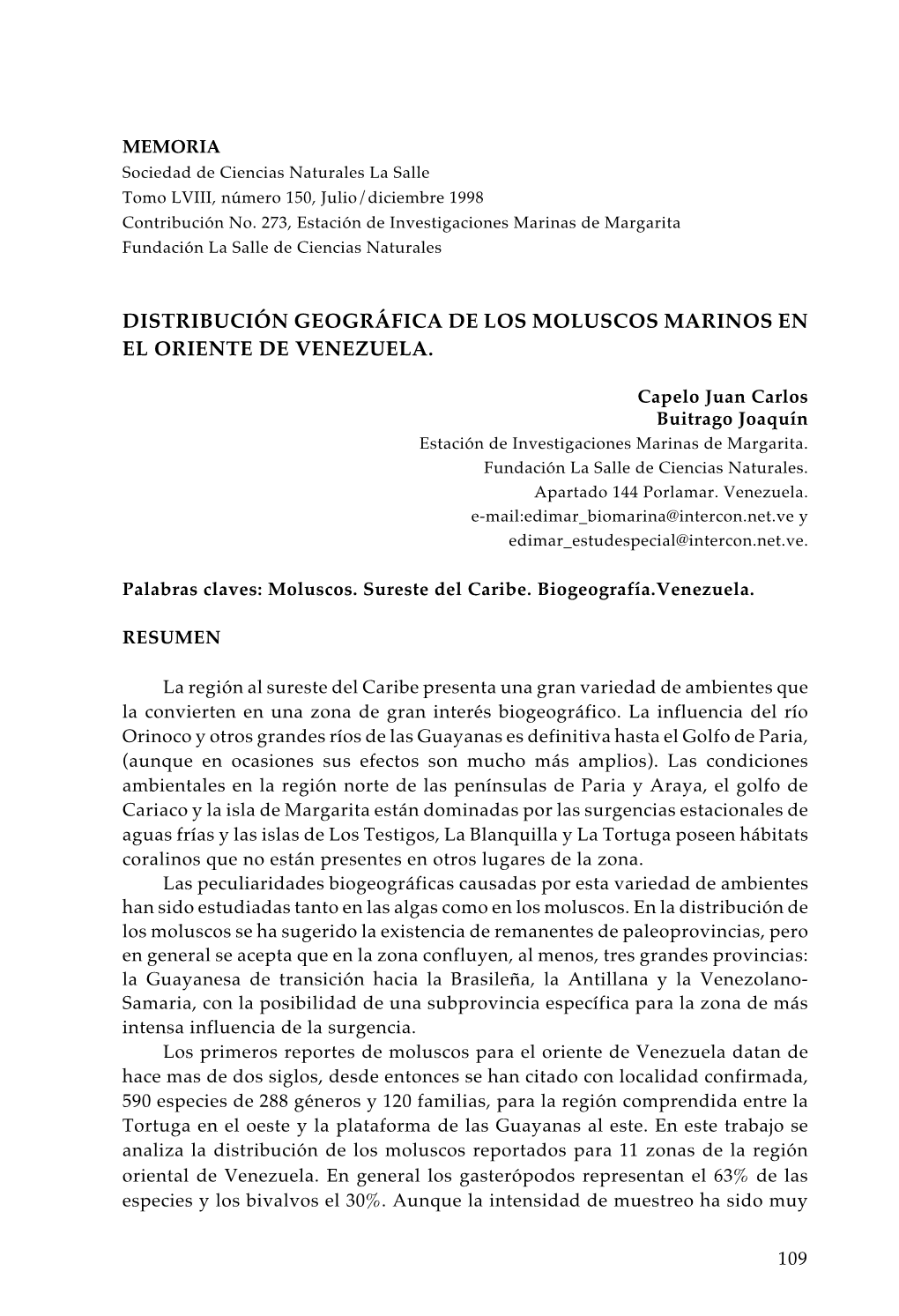 Distribución Geográfica De Los Moluscos Marinos En El Oriente De Venezuela