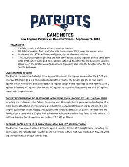 GAME NOTES New England Patriots Vs