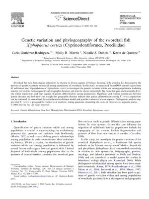 Genetic Variation and Phylogeography of the Swordtail Fish Xiphophorus Cortezi (Cyprinodontiformes, Poeciliidae)