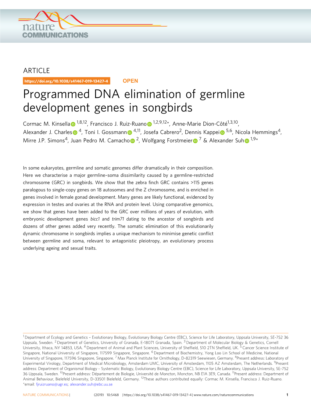 Programmed DNA Elimination of Germline Development Genes in Songbirds