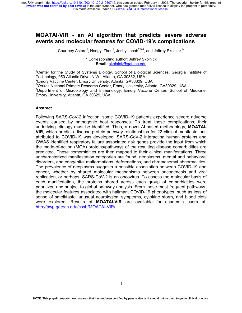 MOATAI-VIR - an AI Algorithm That Predicts Severe Adverse Events and Molecular Features for COVID-19’S Complications