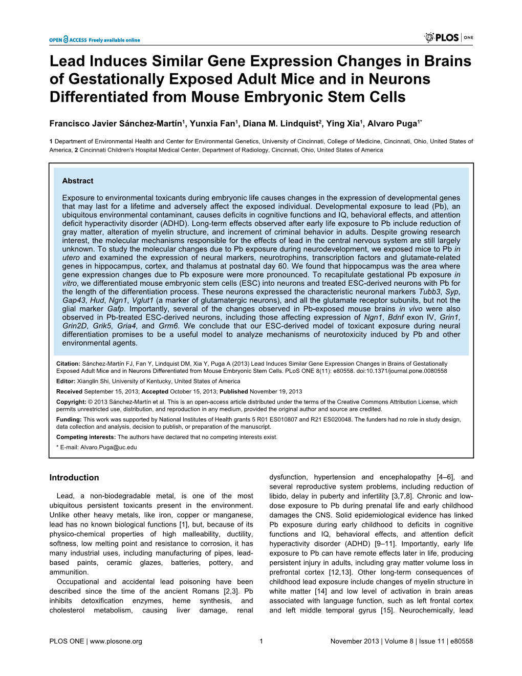 Lead Induces Similar Gene Expression Changes in Brains of Gestationally Exposed Adult Mice and in Neurons Differentiated from Mouse Embryonic Stem Cells