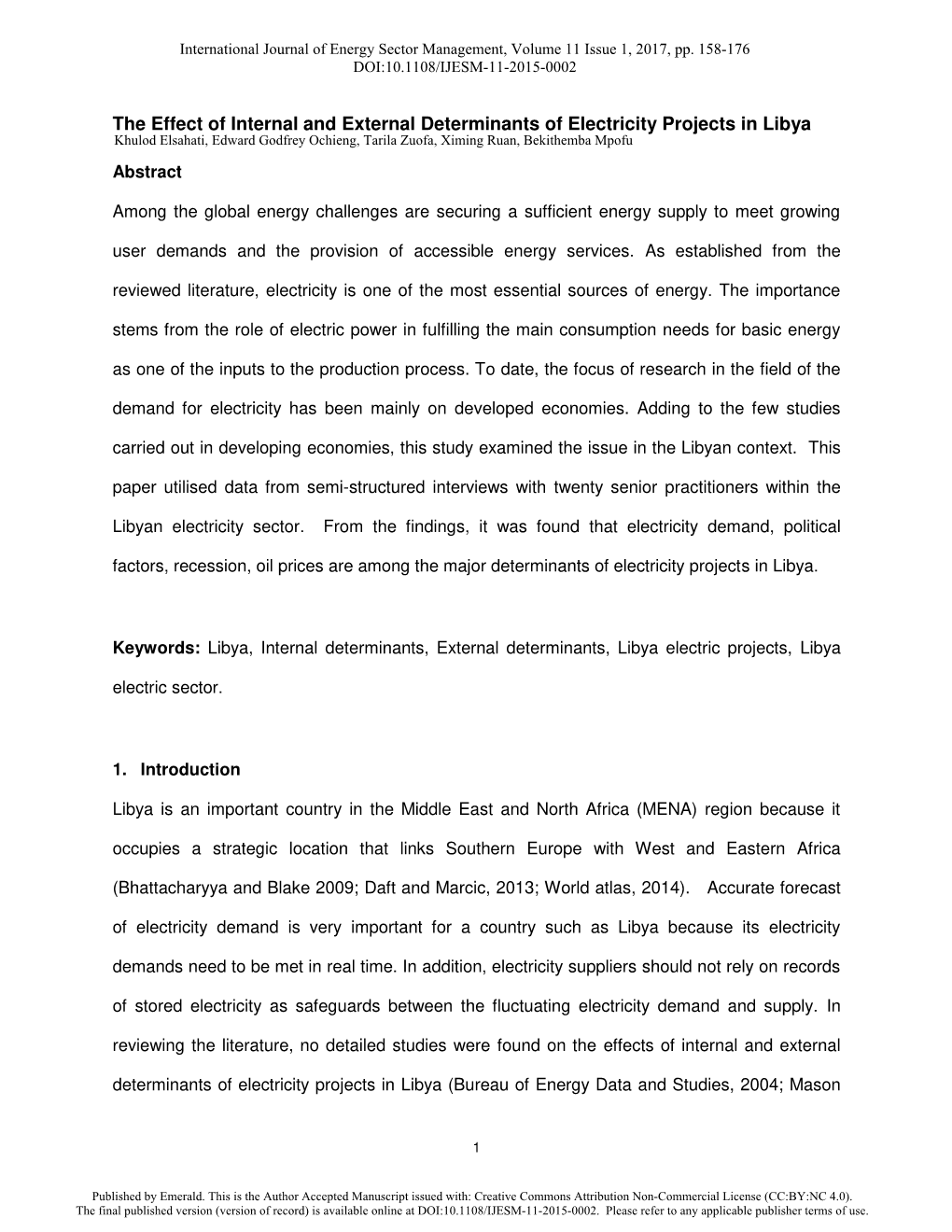 The Effect of Internal and External Determinants of Electricity Projects in Libya