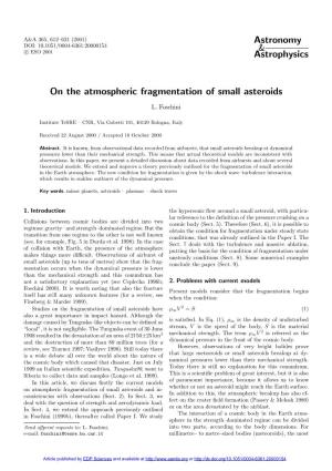 On the Atmospheric Fragmentation of Small Asteroids