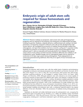 Embryonic Origin of Adult Stem Cells Required for Tissue Homeostasis And