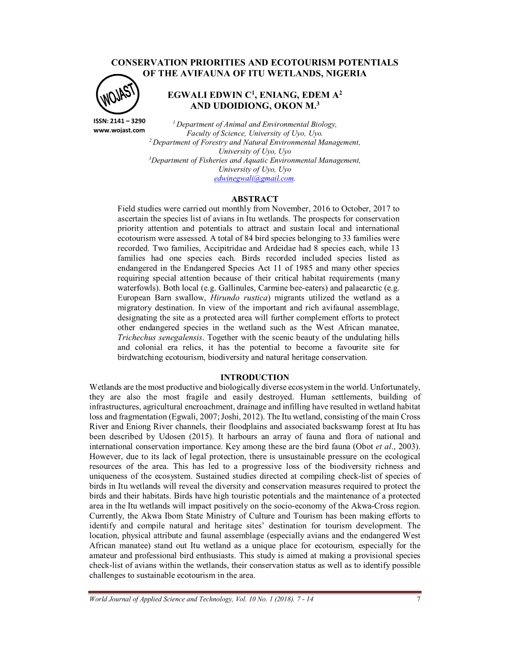 Conservation Priorities and Ecotourism Potentials of the Avifauna of Itu Wetlands, Nigeria