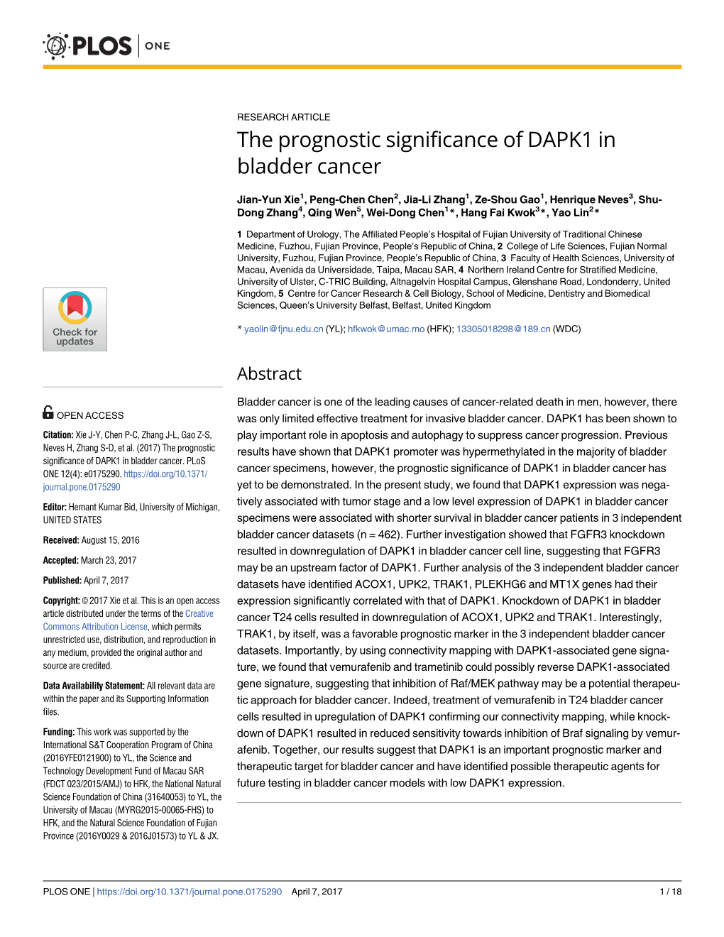 The Prognostic Significance of DAPK1 in Bladder Cancer