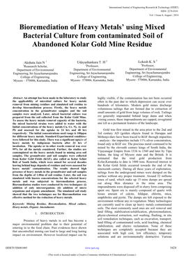Bioremediation of Heavy Metals' Using Mixed Abandoned Kolar Gold Mine