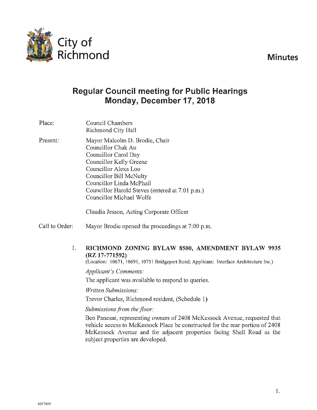 Regular Council Meeting for Public Hearings Monday, December 17, 2018