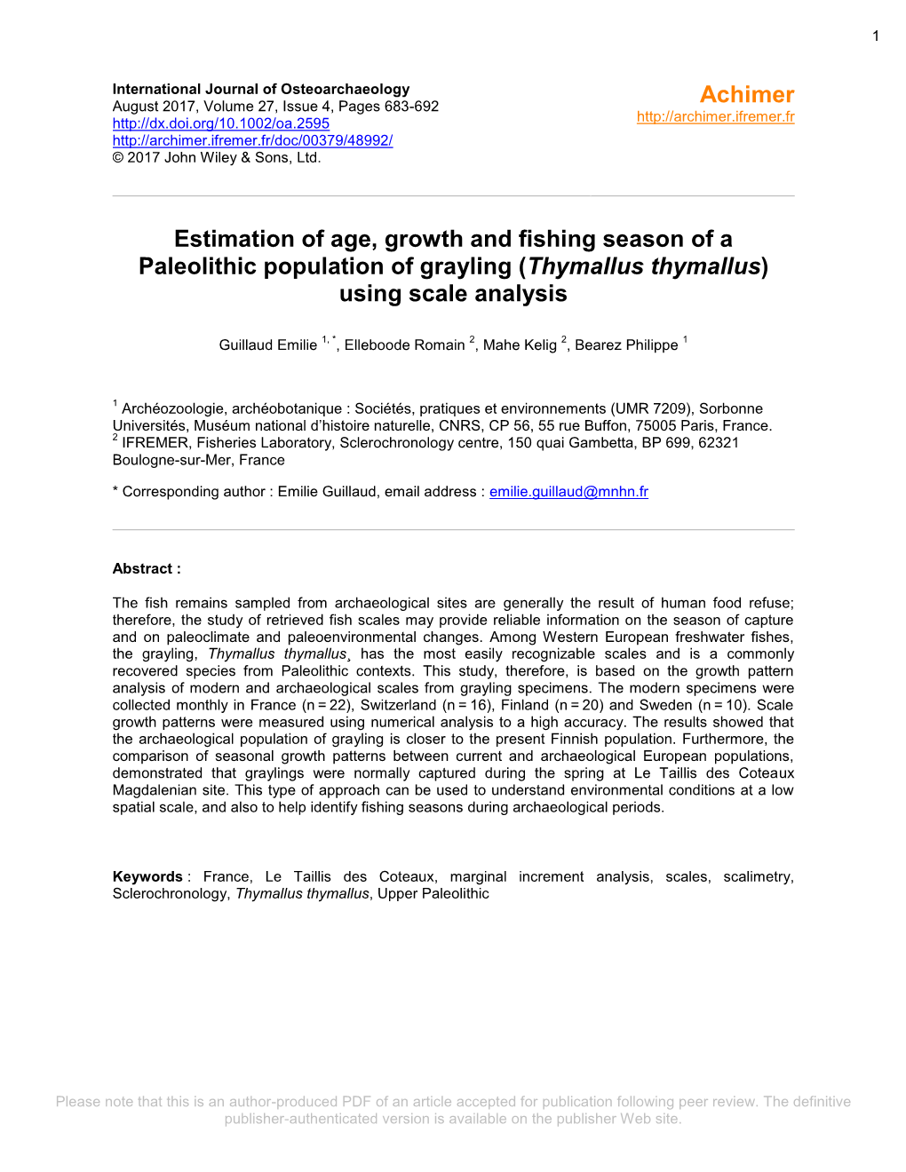 Thymallus Thymallus) Using Scale Analysis