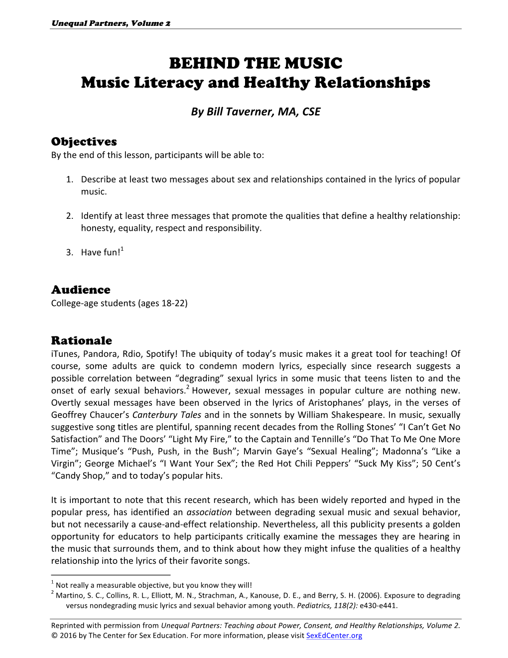 BEHIND the MUSIC Music Literacy and Healthy Relationships