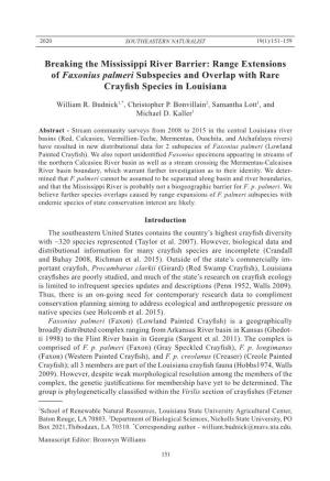 Range Extensions of Faxonius Palmeri Subspecies and Overlap with Rare Crayfish Species in Louisiana