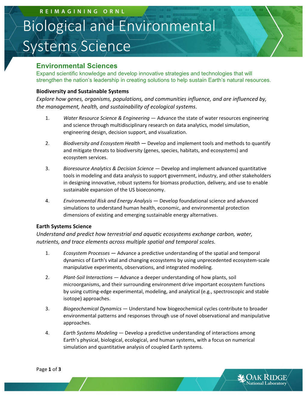 Biological and Environmental Systems Science