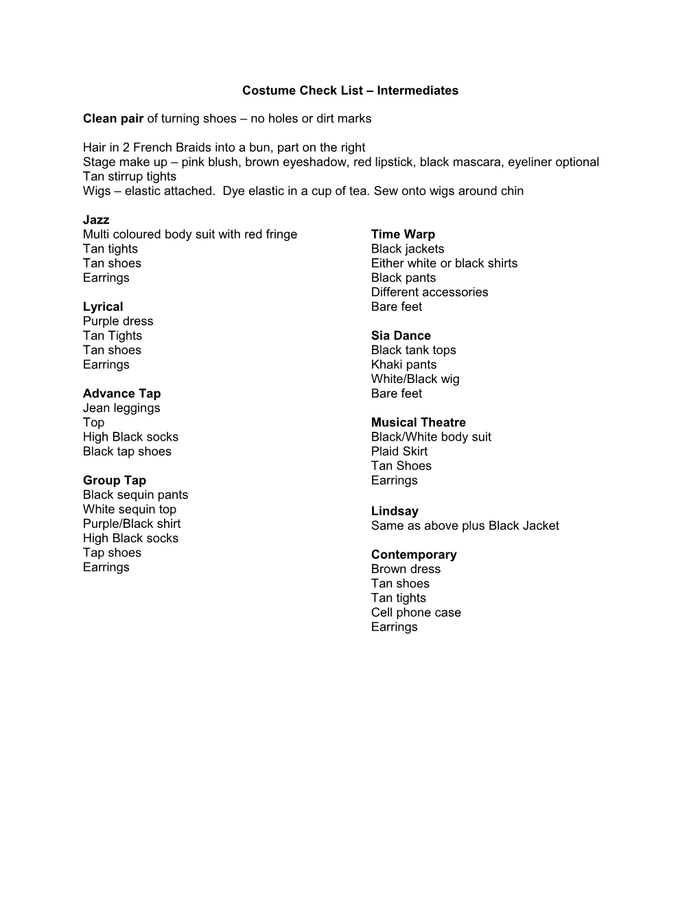 Costume Check List Intermediates