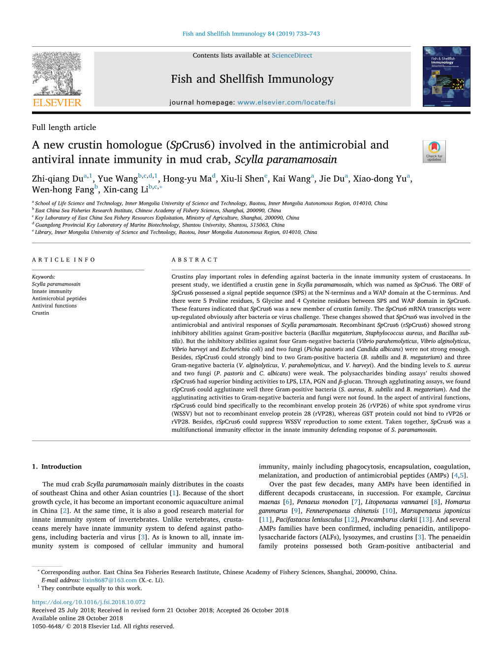 Involved in the Antimicrobial and Antiviral Innate Immunity in Mud Crab, Scylla Paramamosain T