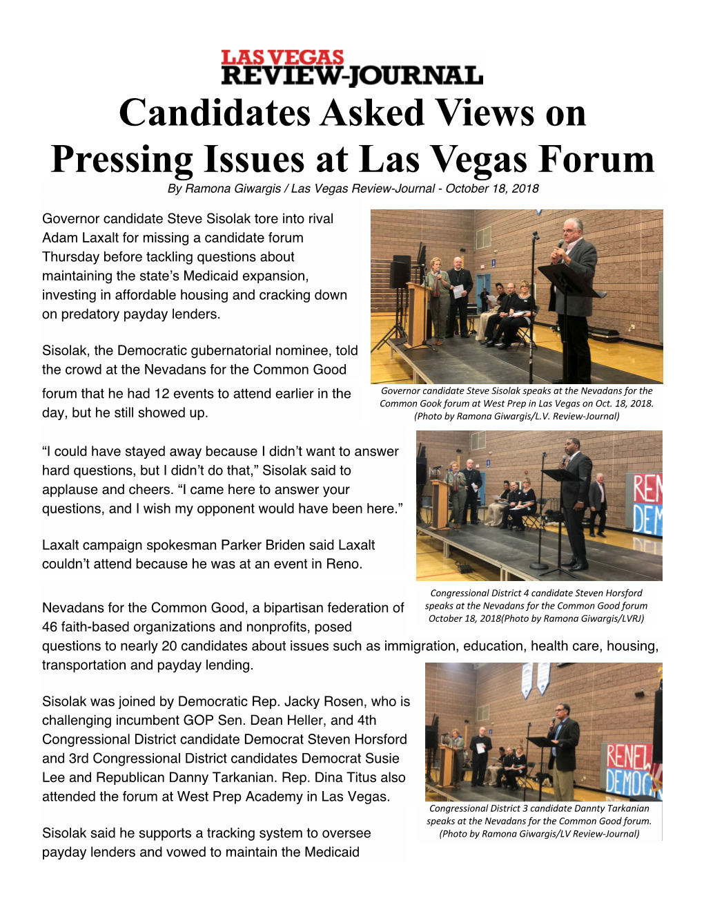 Candidates Asked Views on Pressing Issues at Las Vegas Forum by Ramona Giwargis / Las Vegas Review-Journal - October 18, 2018