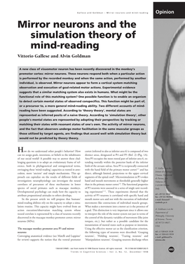 Mirror Neurons and the Simulation Theory of Mind-Reading Vittorio Gallese and Alvin Goldman