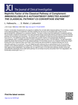 Immunoglobulin G Autoantibody Directed Against the Classical Pathway C3 Convertase Enzyme