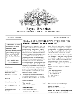 Bayou Branches JEWISH GENEALOGICAL SOCIETY of NEW ORLEANS